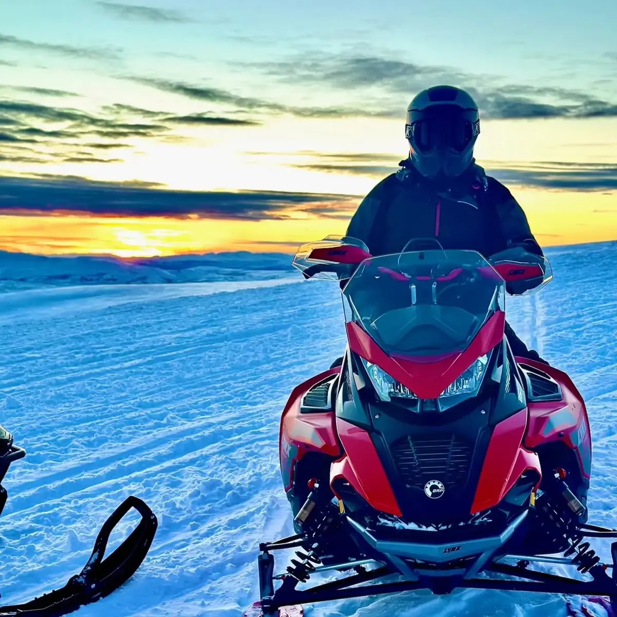 Snowmobile trail through frozen forest
